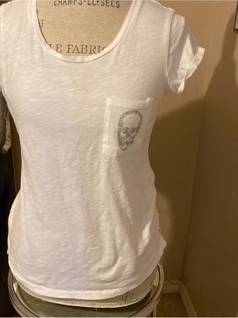 Off-White Women’s White Short Sleeve Pocket Tee with Crystal Skull